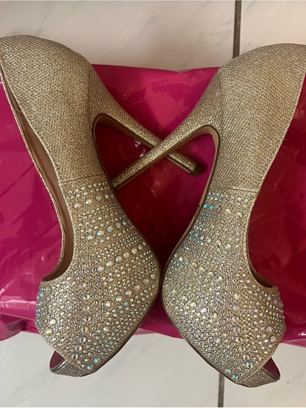 Dream Pairs Gold Crystal Peep-Toe Platform Stilettos